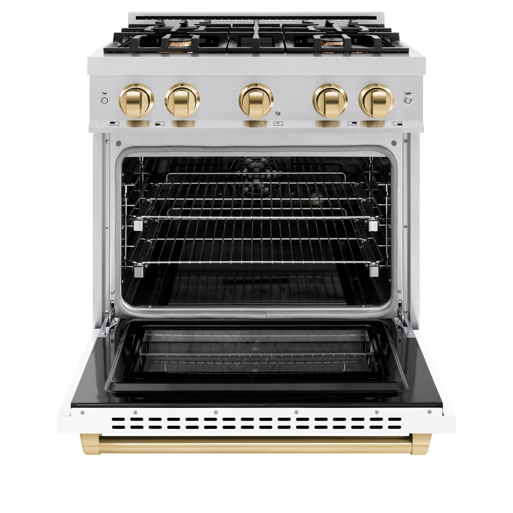 ZLINE 30 in. Select Dual Fuel Range 4.2 cu. ft. 4 Burner Gas Cooktop Electric Convection Oven Stainless Steel White Matte Door Polished Gold Accents (HDRZ-WM-30-G)