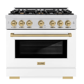 ZLINE 36 in. Select Dual Fuel Range 5.2 cu. ft. 6 Burner Gas Cooktop Electric Convection Oven Stainless Steel White Matte Door Champagne Bronze Accents (HDRZ-WM-36-CB)
