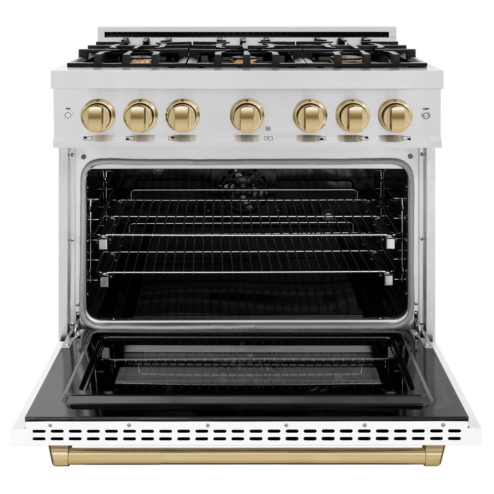 ZLINE 36 in. Select Dual Fuel Range 5.2 cu. ft. 6 Burner Gas Cooktop Electric Convection Oven Stainless Steel White Matte Door Champagne Bronze Accents (HDRZ-WM-36-CB)