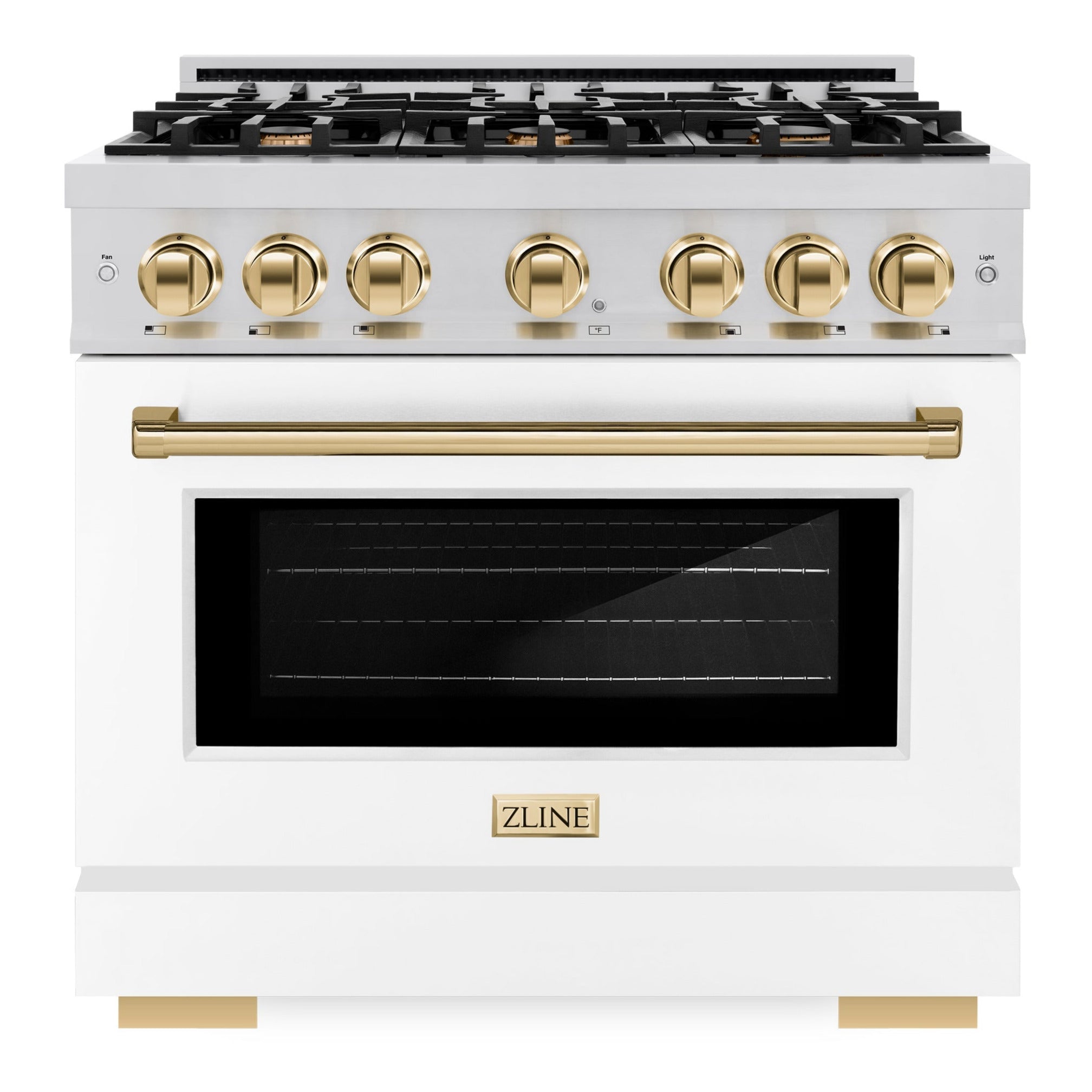 ZLINE Autograph Edition 36 in. Select Dual Fuel Range, 5.2 cu. ft., 6 Burner Gas Cooktop, Electric Convection Oven, Stainless Steel with White Matte Door and Polished Gold Accents (HDRZ-WM-36-G)