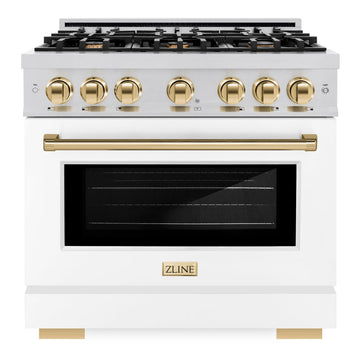 ZLINE Autograph Edition 36 in. Select Dual Fuel Range, 5.2 cu. ft., 6 Burner Gas Cooktop, Electric Convection Oven, Stainless Steel with White Matte Door and Polished Gold Accents (HDRZ-WM-36-G)