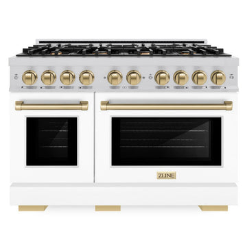 ZLINE 48 in. Dual Fuel Range Double Oven 6.7 cu. ft. 8 Burners Stainless Steel with White Matte Doors & Champagne Bronze Accents (HDRZ-WM-48-CB)