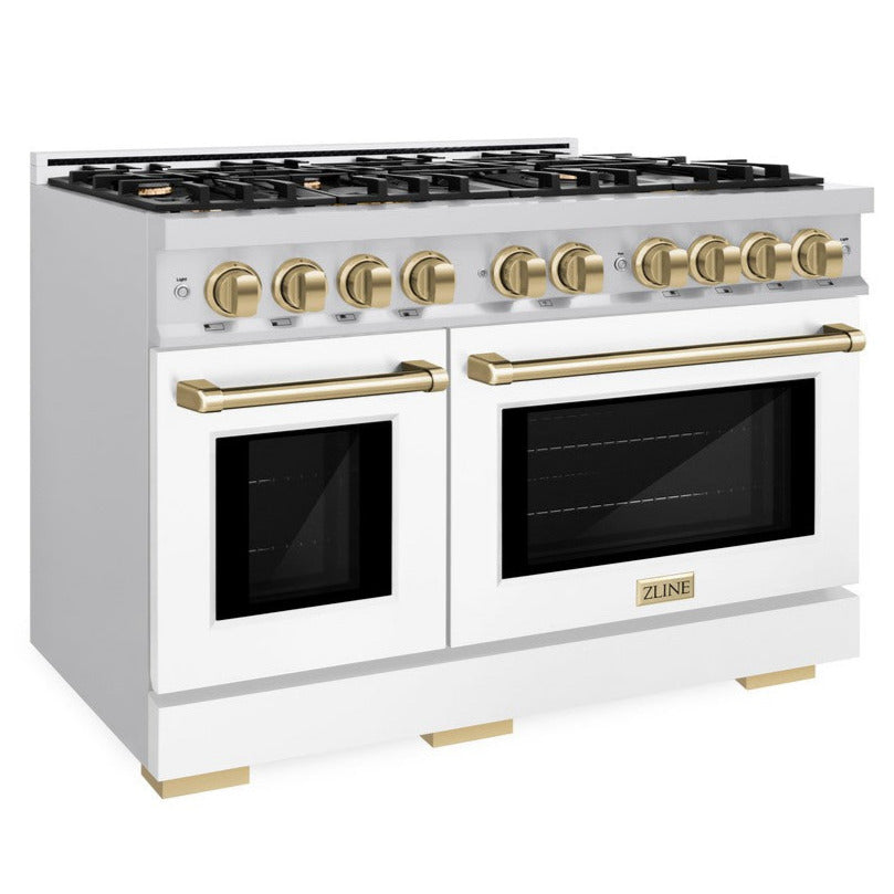 ZLINE 48 in. Dual Fuel Range Double Oven 6.7 cu. ft. 8 Burners Stainless Steel with White Matte Doors & Champagne Bronze Accents (HDRZ-WM-48-CB)