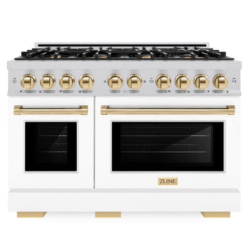 ZLINE Autograph Edition 48 in. Select Double Oven Dual Fuel Range, 6.7 cu. ft., 8 Burner Gas Cooktop, Electric Convection Ovens, Stainless Steel with White Matte Doors & Polished Gold Accents (HDRZ-WM-48-G)