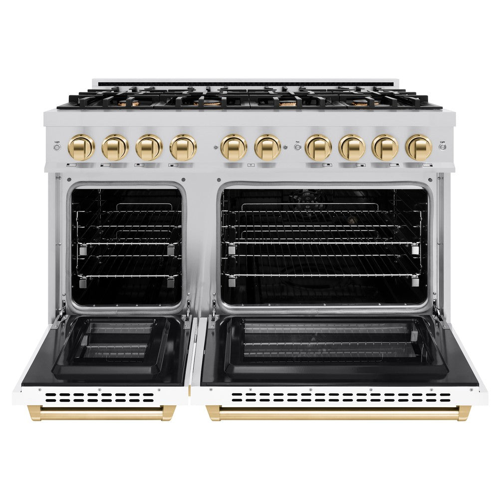 ZLINE Autograph Edition 48 in. Select Double Oven Dual Fuel Range, 6.7 cu. ft., 8 Burner Gas Cooktop, Electric Convection Ovens, Stainless Steel with White Matte Doors & Polished Gold Accents (HDRZ-WM-48-G)