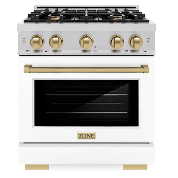ZLINE Autograph Edition 30 in. Select Gas Range with 4 Burners and 4.2 cu. ft. Convection Oven in Stainless Steel with White Matte Door and Champagne Bronze Accents (HGRZ-WM-30-CB)