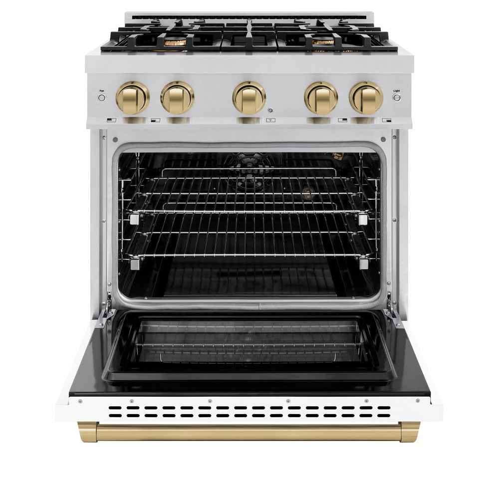 ZLINE Autograph Edition 30 in. Select Gas Range with 4 Burners and 4.2 cu. ft. Convection Oven in Stainless Steel with White Matte Door and Champagne Bronze Accents (HGRZ-WM-30-CB)