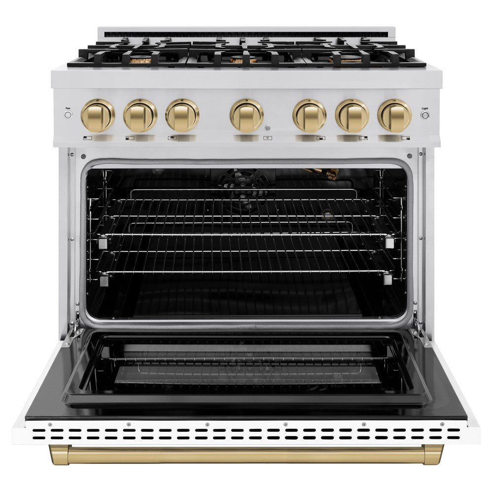 ZLINE 36 in. Gas Range 5.2 cu. ft. 6 Burners Stainless Steel White Matte Door Champagne Bronze Accents (HGRZ-WM-36-CB)
