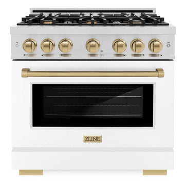 ZLINE 36 in. Gas Range 5.2 cu. ft. 6 Burners Stainless Steel White Matte Door Champagne Bronze Accents (HGRZ-WM-36-CB)