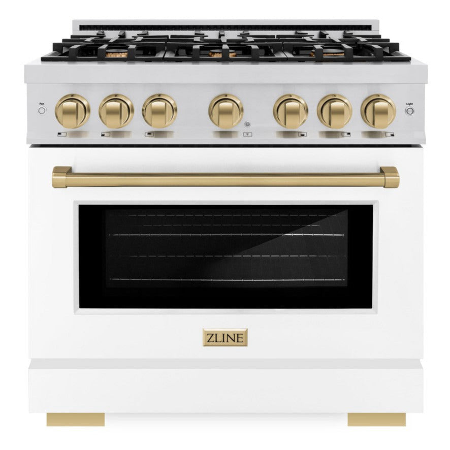 ZLINE 36 in. Gas Range 5.2 cu. ft. 6 Burners Stainless Steel White Matte Door Champagne Bronze Accents (HGRZ-WM-36-CB)