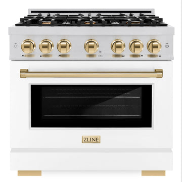 ZLINE Autograph Edition 36 in. Select Gas Range with 6 Burners, 5.2 cu. ft. Oven, Stainless Steel with White Matte Door and Polished Gold Accents (HGRZ-WM-36-G)
