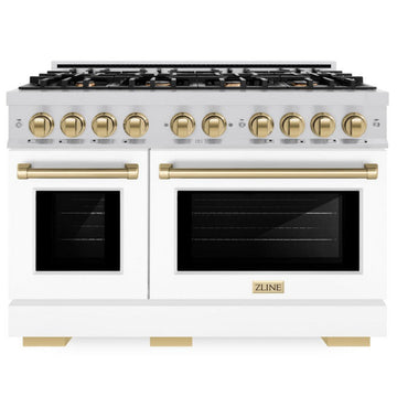 ZLINE 48 in. Gas Range Double Oven 6.7 cu. ft. 8 Burners Stainless Steel White Matte Doors Champagne Bronze Accents (HGRZ-WM-48-CB)