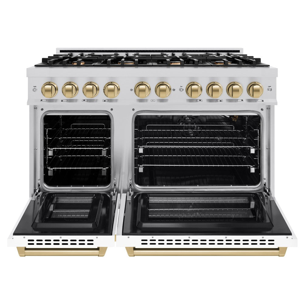ZLINE 48 in. Gas Range Double Oven 6.7 cu. ft. 8 Burners Stainless Steel White Matte Doors Champagne Bronze Accents (HGRZ-WM-48-CB)