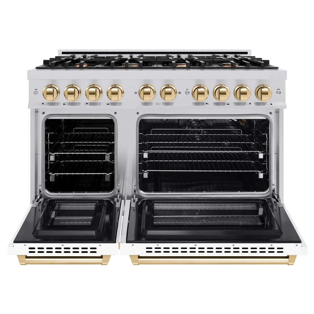 ZLINE 48 in. Double Oven Gas Range 6.7 cu. ft. 8 Burners Stainless Steel White Matte Doors Polished Gold Accents (HGRZ-WM-48-G)