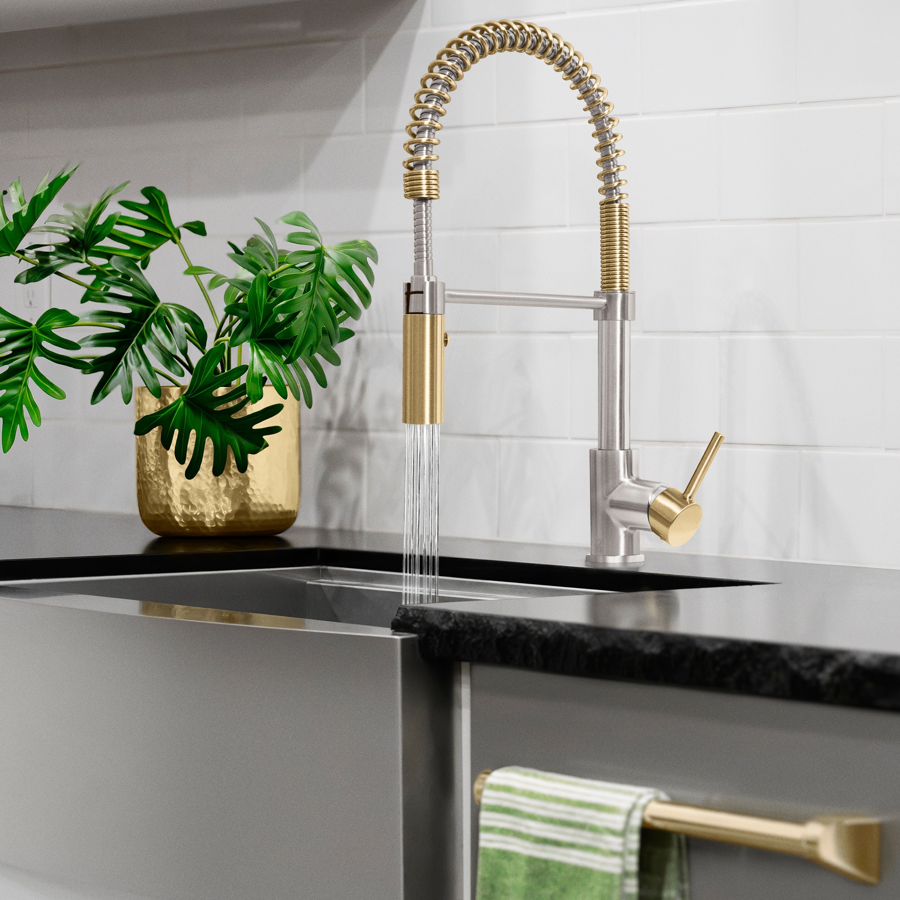 ZLINE Autograph Sierra Pull Down Spring Single Handle Kitchen Faucet in Brushed Nickel and Champagne Bronze, SRA-KF-ZBNCB
