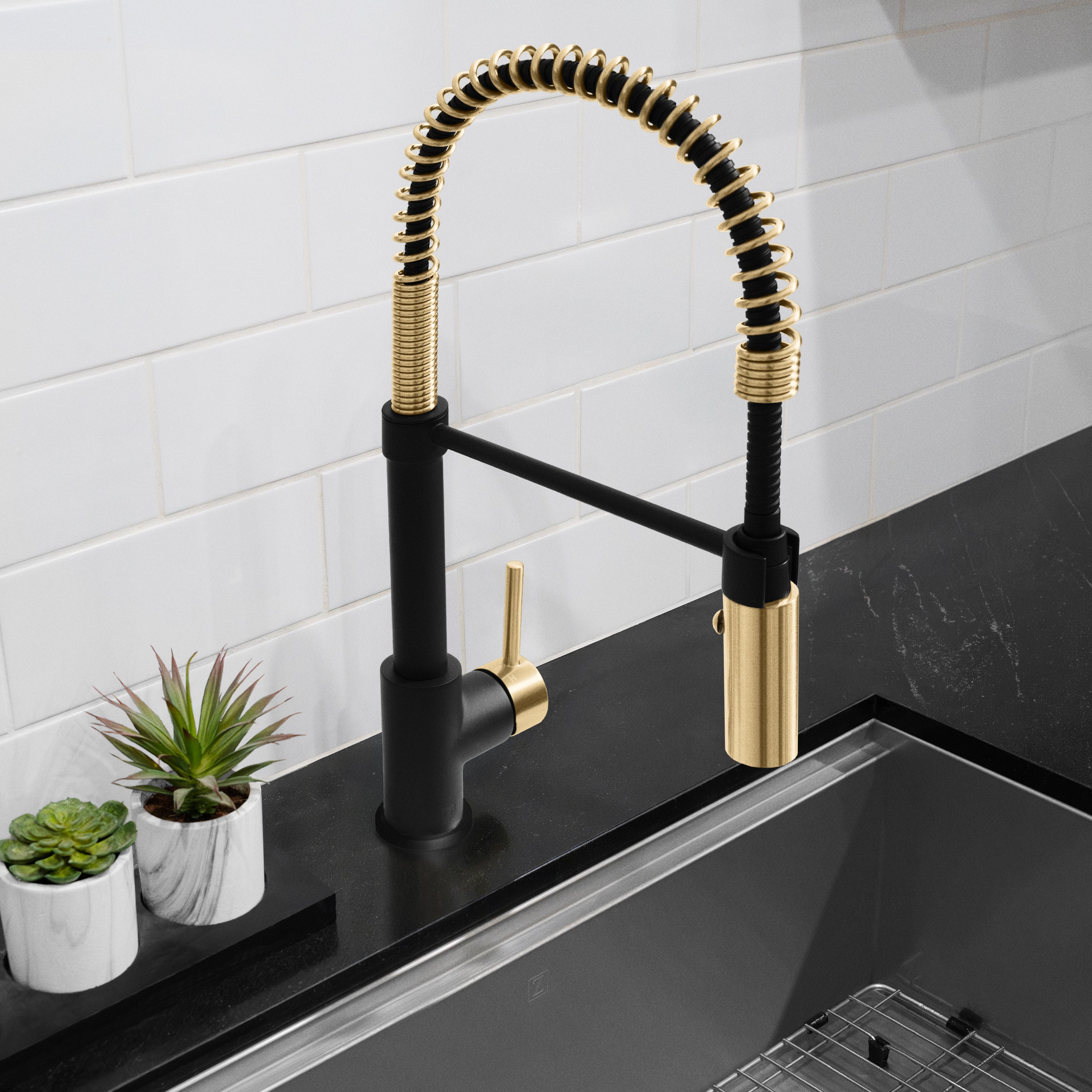 ZLINE Autograph Sierra Pull Down Spring Single Handle Kitchen Faucet in Matte Black and Champagne Bronze, SRA-KF-ZMBCB