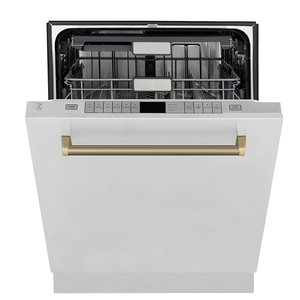 ZLINE Autograph 24-Inch Monument Series Tall Tub Dishwasher with 3rd Rack, Top Touch Controls, Stainless Steel, Champagne Bronze Helix Handle, 45 dBA (DWMTZ-30424-KCB)