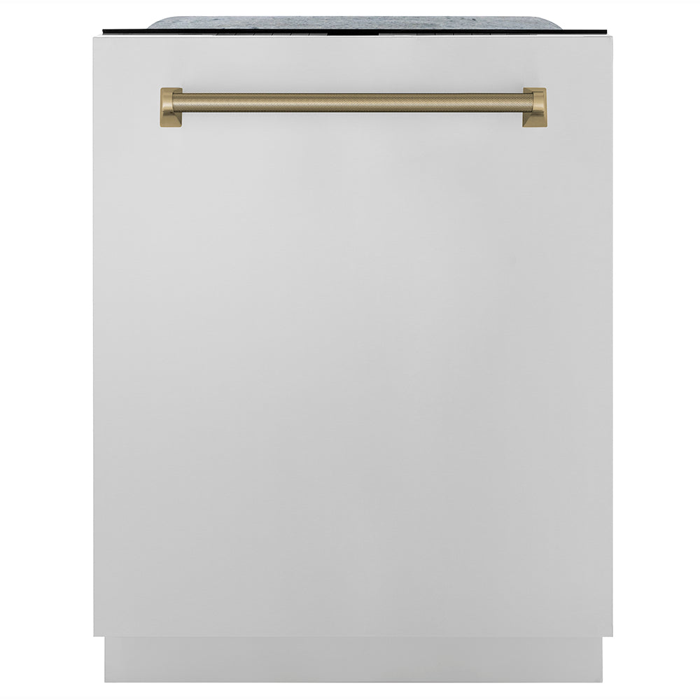 ZLINE Autograph 24-Inch Monument Series Tall Tub Dishwasher with 3rd Rack, Top Touch Controls, Stainless Steel, Champagne Bronze Helix Handle, 45 dBA (DWMTZ-30424-KCB)