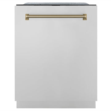 ZLINE Autograph 24-Inch Monument Series Tall Tub Dishwasher with 3rd Rack, Top Touch Controls, Stainless Steel, Champagne Bronze Helix Handle, 45 dBA (DWMTZ-30424-KCB)