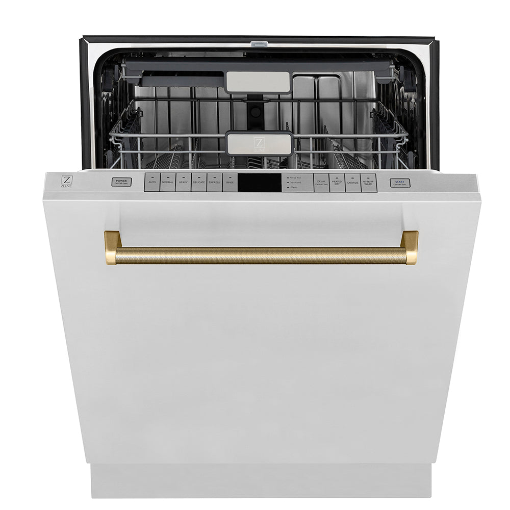 ZLINE Autograph 24-Inch Monument Series Tall Tub Dishwasher with 3rd Rack, Top Touch Controls, Stainless Steel Finish, Polished Gold Helix Handle, 45 dBA – Model DWMTZ-30424-KG