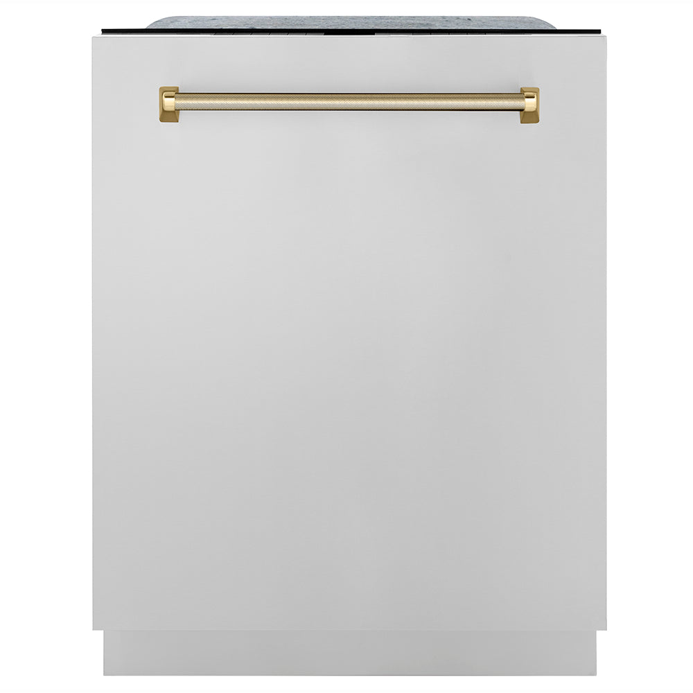ZLINE Autograph 24-Inch Monument Series Tall Tub Dishwasher with 3rd Rack, Top Touch Controls, Stainless Steel Finish, Polished Gold Helix Handle, 45 dBA – Model DWMTZ-30424-KG