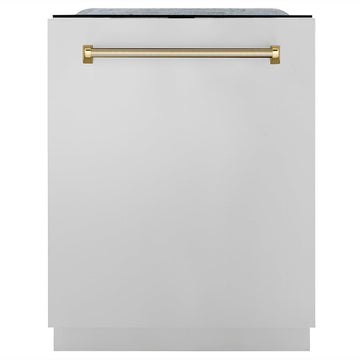 ZLINE Autograph 24-Inch Monument Series Tall Tub Dishwasher with 3rd Rack, Top Touch Controls, Stainless Steel Finish, Polished Gold Helix Handle, 45 dBA – Model DWMTZ-30424-KG