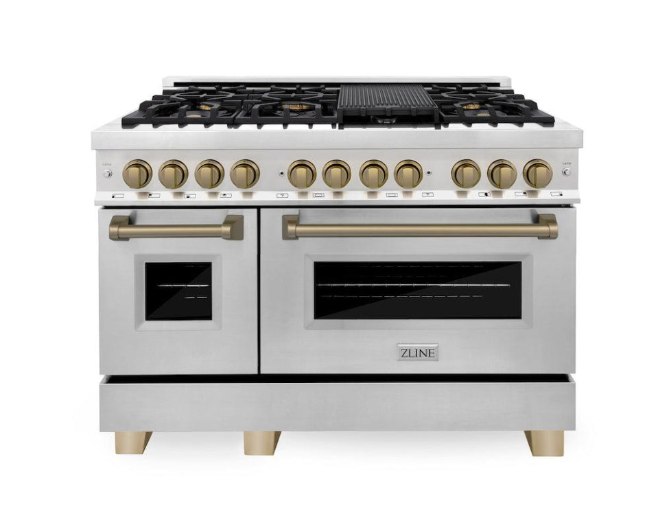 ZLINE Autograph Edition 48 in. Dual Fuel Range, 6.0 cu. ft. Oven, Stainless Steel with Champagne Bronze Accents (Model RAZ-48-CB)