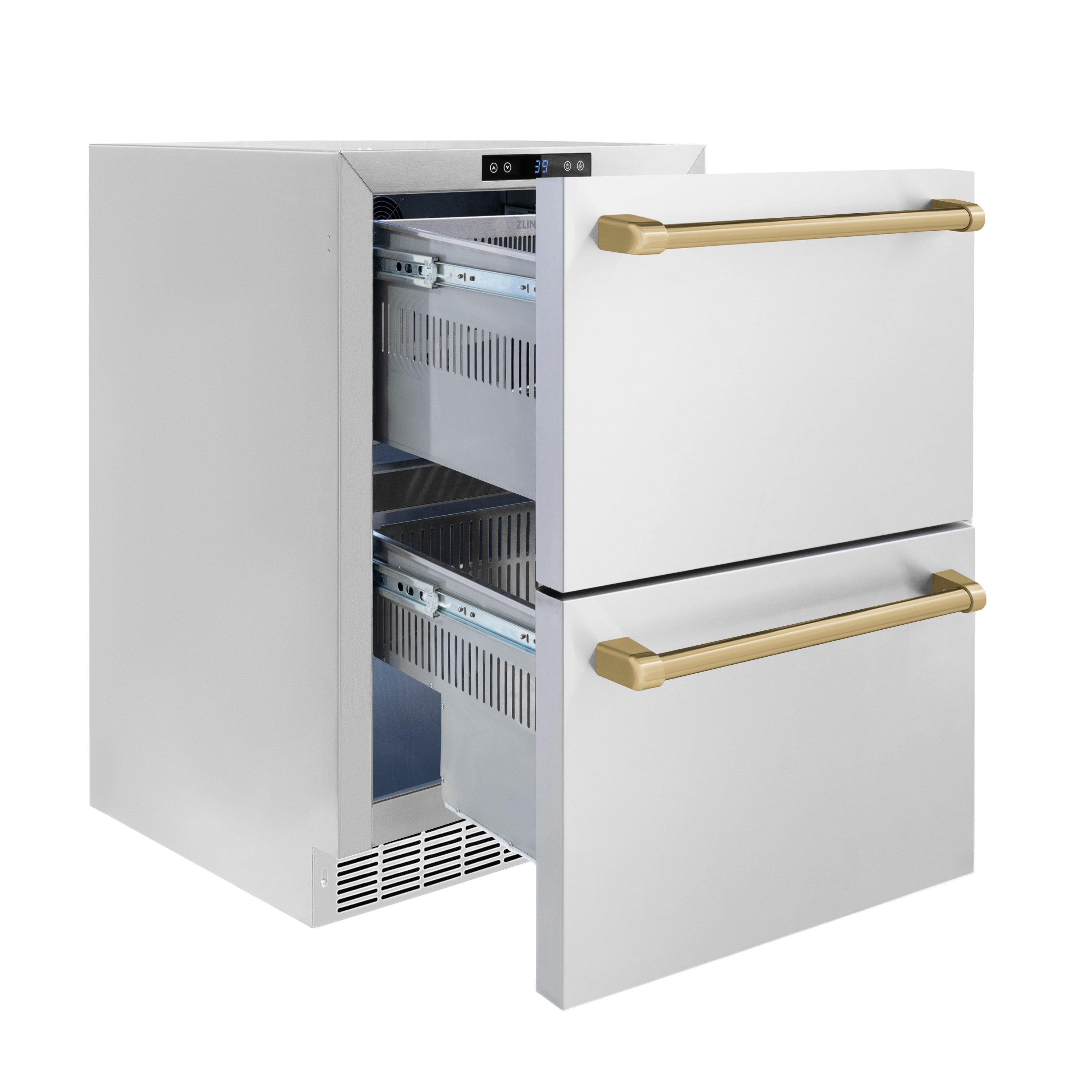 ZLINE 24 in. Refrigerator Drawer 168 Can Capacity Outdoor-Rated Stainless Steel Doors Champagne Bronze Handles (RDSOZ-ST-24-CB)