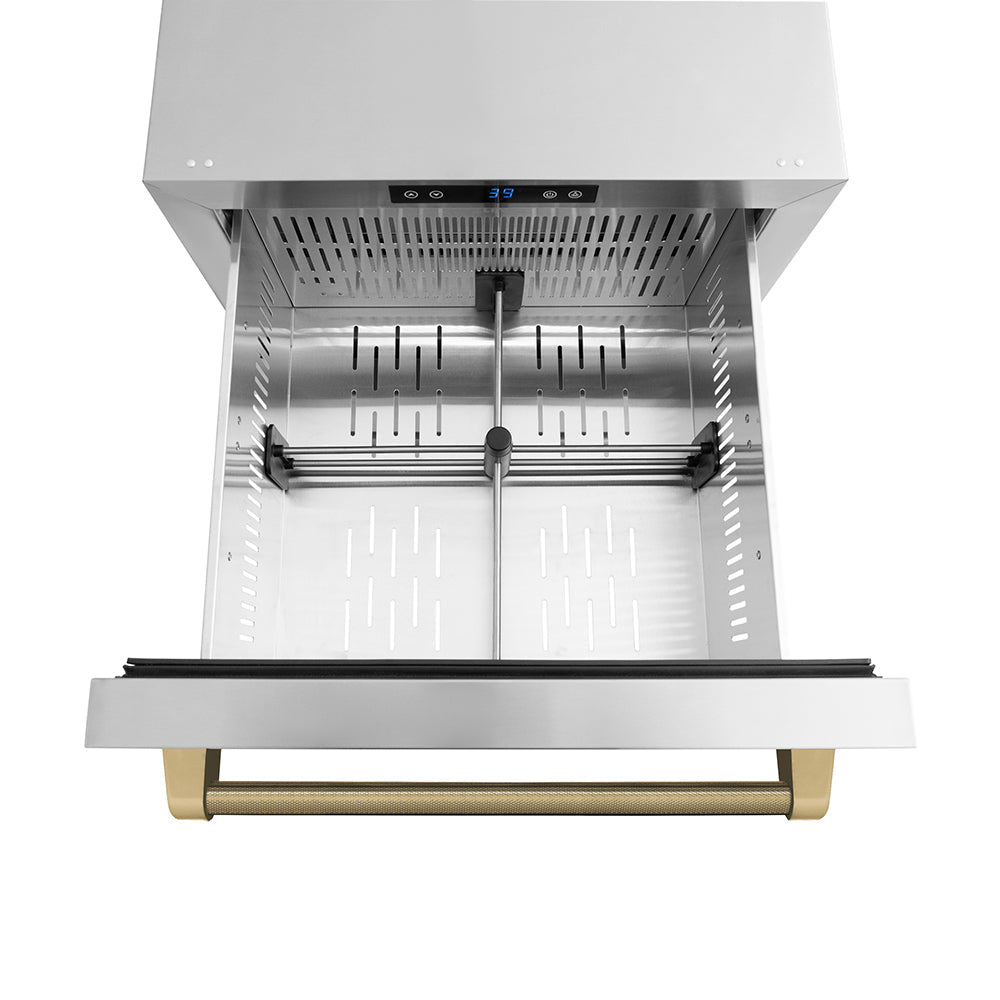 ZLINE 24-Inch Dual Refrigerator Drawer 168 Can Capacity Outdoor-Rated Stainless Steel Doors Champagne Bronze Helix Handles (RDSOZ-ST-24-KCB)