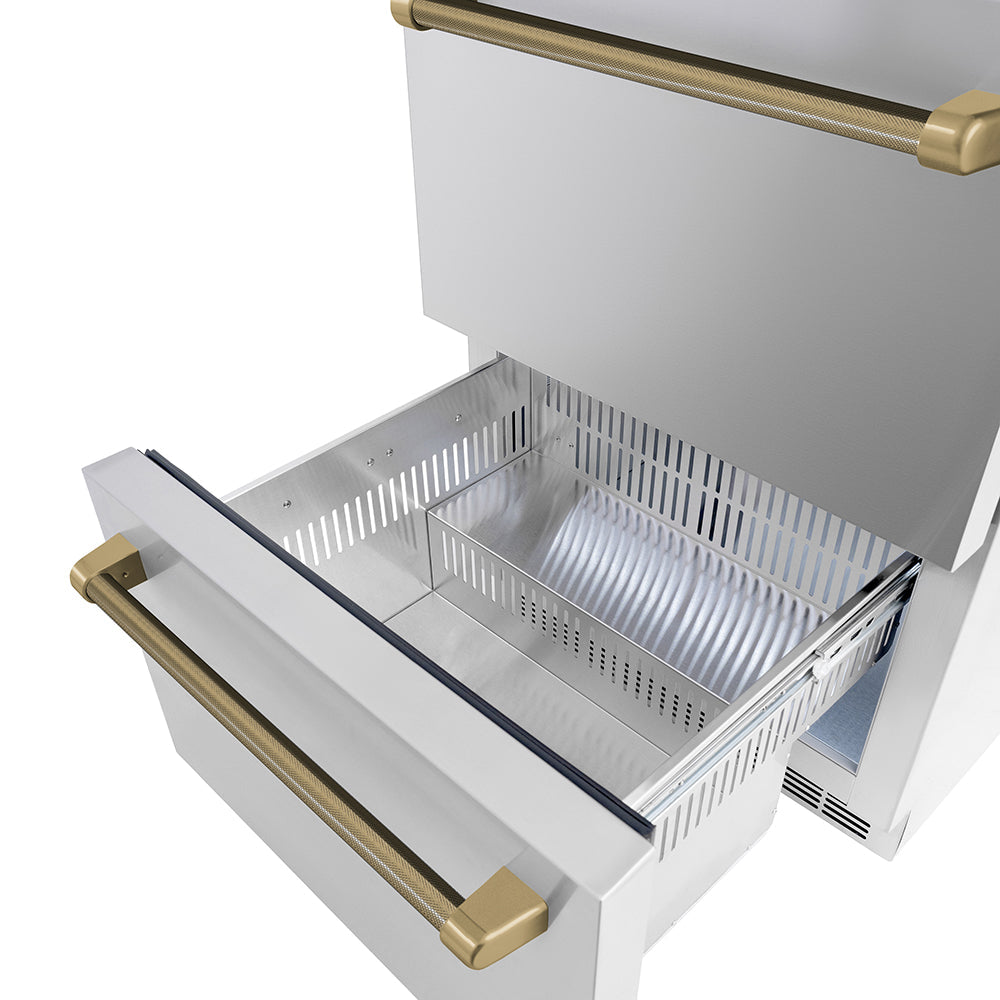 ZLINE 24-Inch Dual Refrigerator Drawer 168 Can Capacity Outdoor-Rated Stainless Steel Doors Champagne Bronze Helix Handles (RDSOZ-ST-24-KCB)