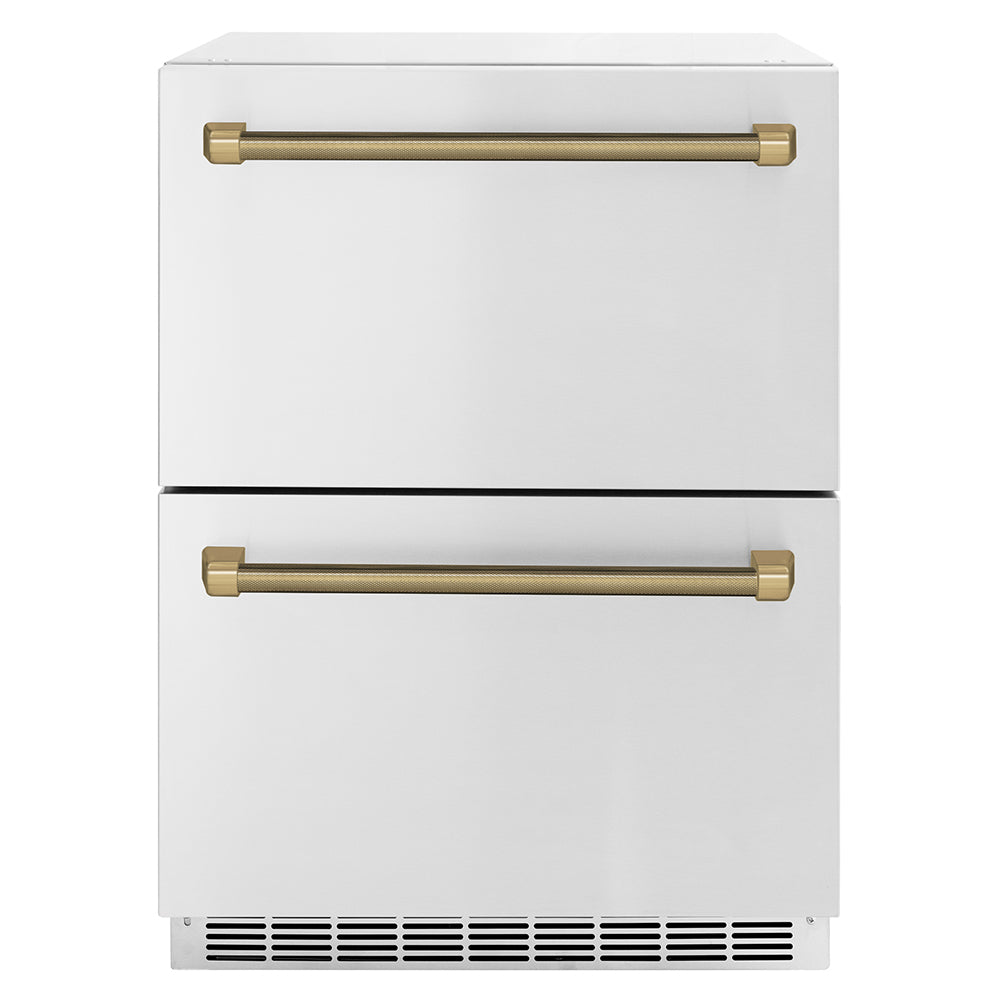 ZLINE 24-Inch Dual Refrigerator Drawer 168 Can Capacity Outdoor-Rated Stainless Steel Doors Champagne Bronze Helix Handles (RDSOZ-ST-24-KCB)