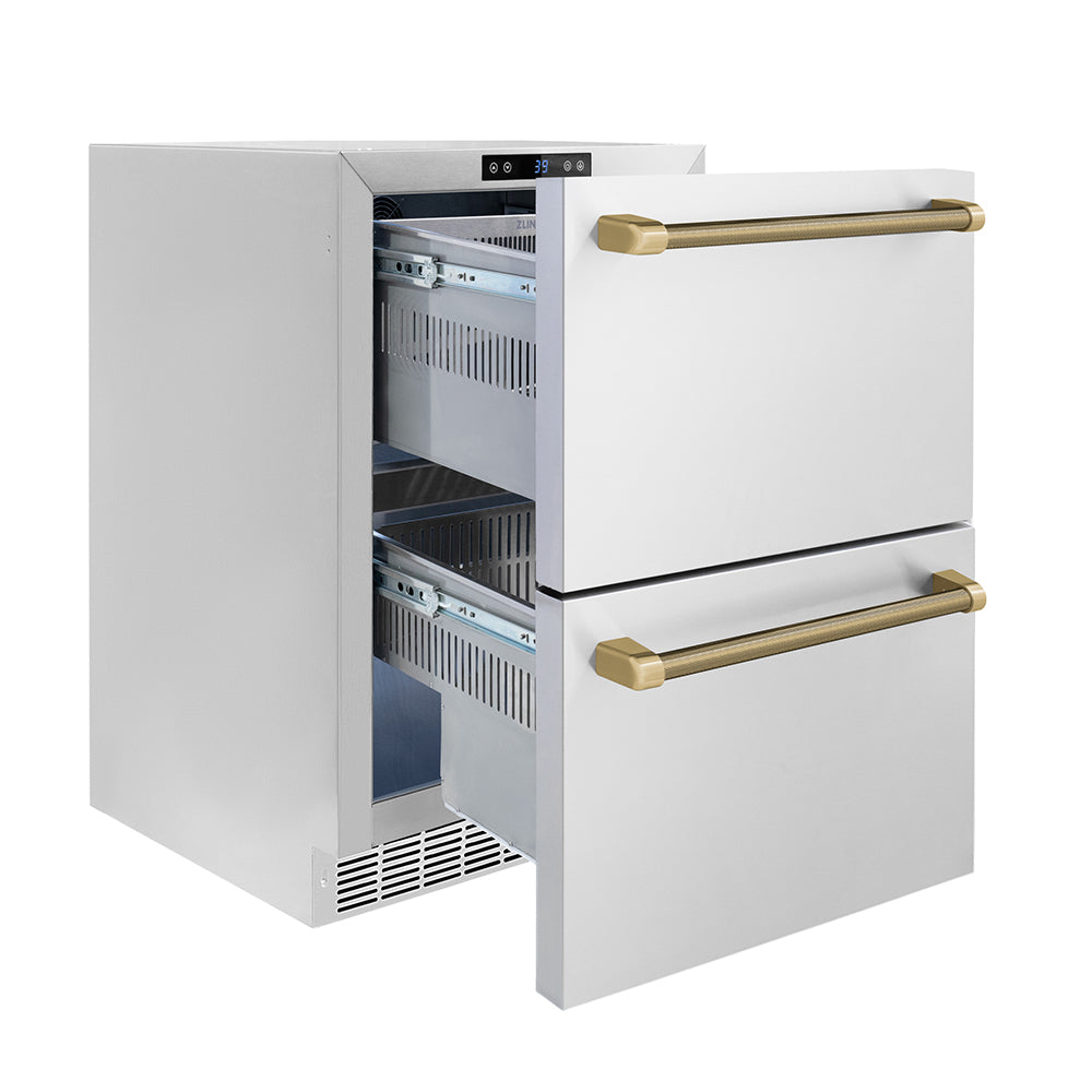 ZLINE 24-Inch Dual Refrigerator Drawer 168 Can Capacity Outdoor-Rated Stainless Steel Doors Champagne Bronze Helix Handles (RDSOZ-ST-24-KCB)