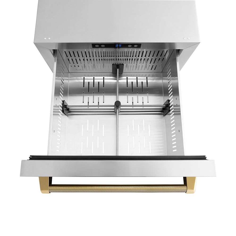 ZLINE 24 in. Outdoor Dual Refrigerator Drawer 168-Can Capacity Stainless Steel Doors Polished Gold Helix Handles (RDSOZ-ST-24-KG)