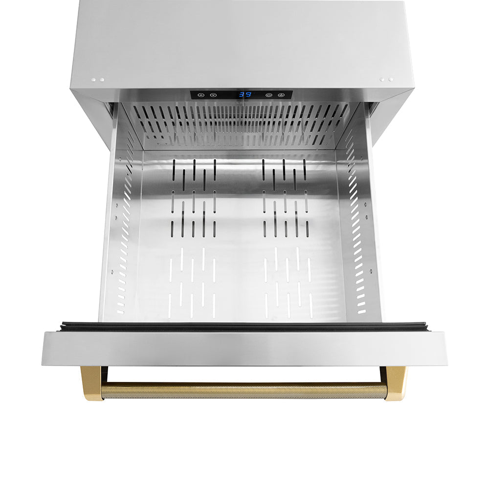 ZLINE 24 in. Outdoor Dual Refrigerator Drawer 168-Can Capacity Stainless Steel Doors Polished Gold Helix Handles (RDSOZ-ST-24-KG)