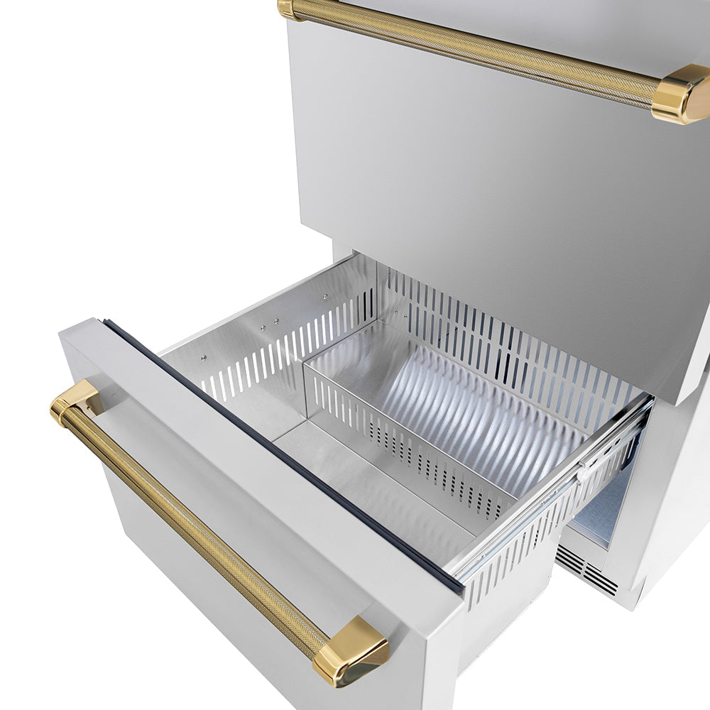 ZLINE 24 in. Outdoor Dual Refrigerator Drawer 168-Can Capacity Stainless Steel Doors Polished Gold Helix Handles (RDSOZ-ST-24-KG)