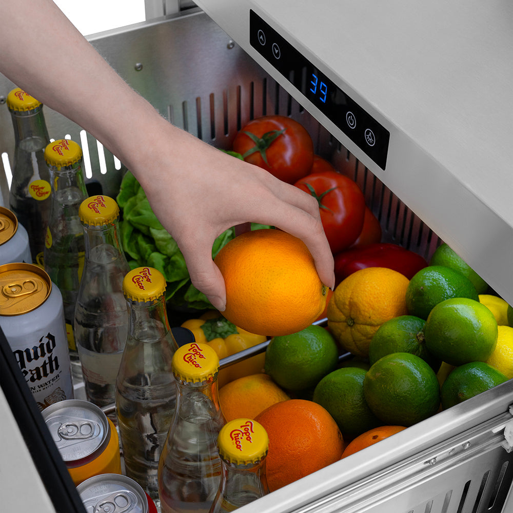 ZLINE 24 in. Outdoor Dual Refrigerator Drawer 168-Can Capacity Stainless Steel Doors Polished Gold Helix Handles (RDSOZ-ST-24-KG)