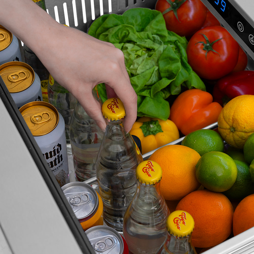 ZLINE 24 in. Outdoor Dual Refrigerator Drawer 168-Can Capacity Stainless Steel Doors Polished Gold Helix Handles (RDSOZ-ST-24-KG)