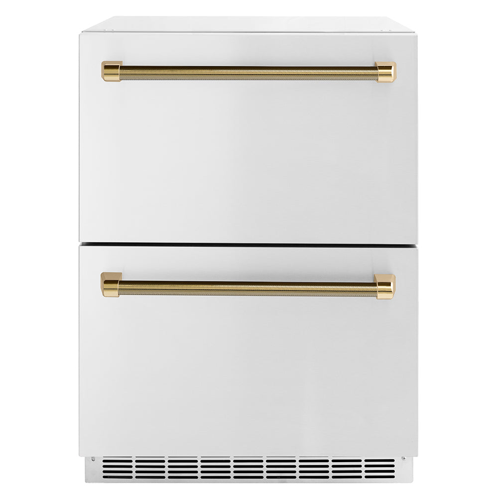 ZLINE 24 in. Outdoor Dual Refrigerator Drawer 168-Can Capacity Stainless Steel Doors Polished Gold Helix Handles (RDSOZ-ST-24-KG)