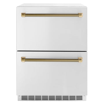 ZLINE 24 in. Outdoor Dual Refrigerator Drawer 168-Can Capacity Stainless Steel Doors Polished Gold Helix Handles (RDSOZ-ST-24-KG)