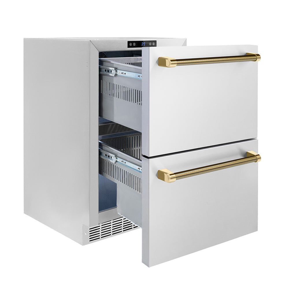 ZLINE 24 in. Outdoor Dual Refrigerator Drawer 168-Can Capacity Stainless Steel Doors Polished Gold Helix Handles (RDSOZ-ST-24-KG)