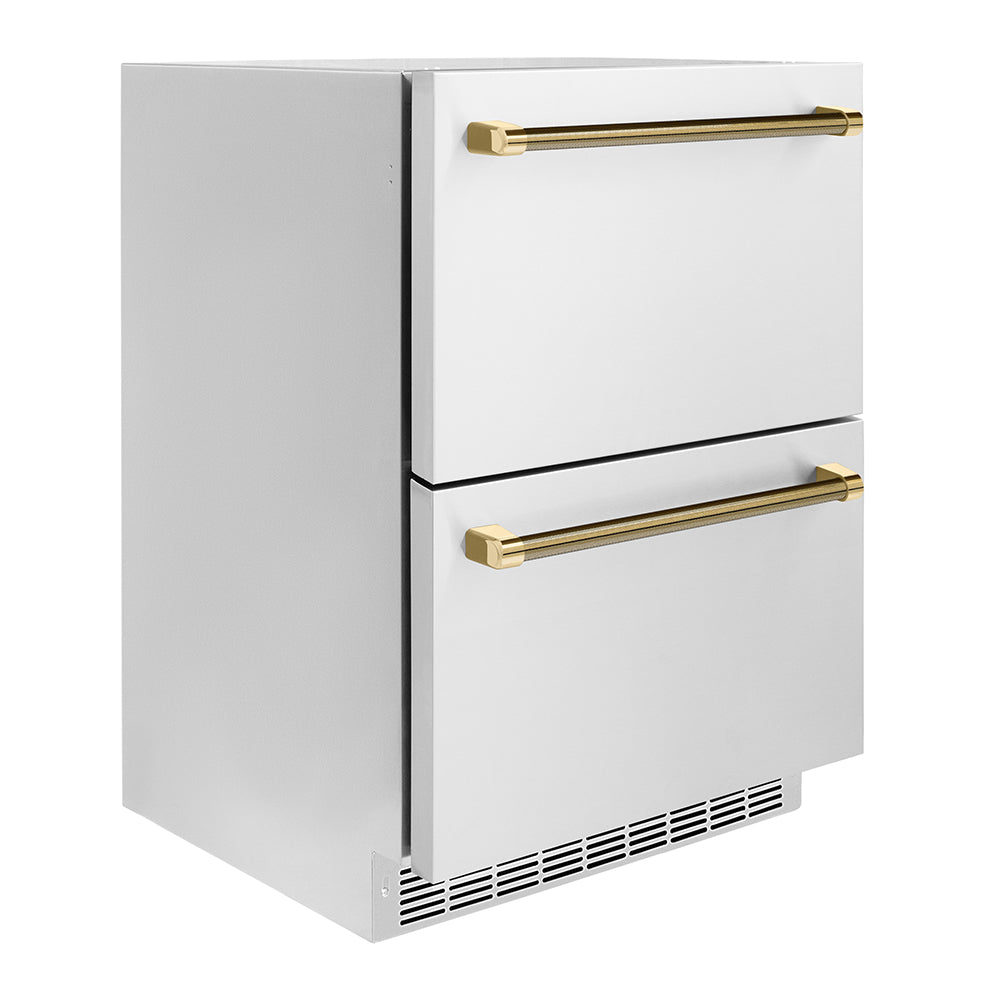 ZLINE 24 in. Outdoor Dual Refrigerator Drawer 168-Can Capacity Stainless Steel Doors Polished Gold Helix Handles (RDSOZ-ST-24-KG)