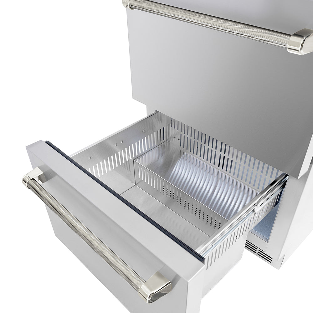 ZLINE 24 in. Outdoor Dual Refrigerator Drawer 168 Can Capacity Stainless Steel Doors Polished Nickel Helix Handles (RDSOZ-ST-24-KPN)
