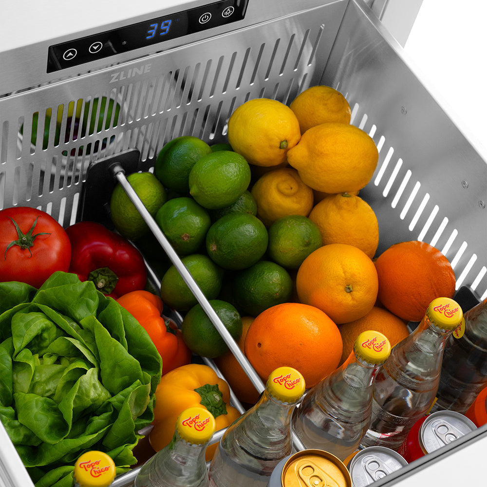 ZLINE 24 in. Outdoor Dual Refrigerator Drawer 168 Can Capacity Stainless Steel Doors Polished Nickel Helix Handles (RDSOZ-ST-24-KPN)