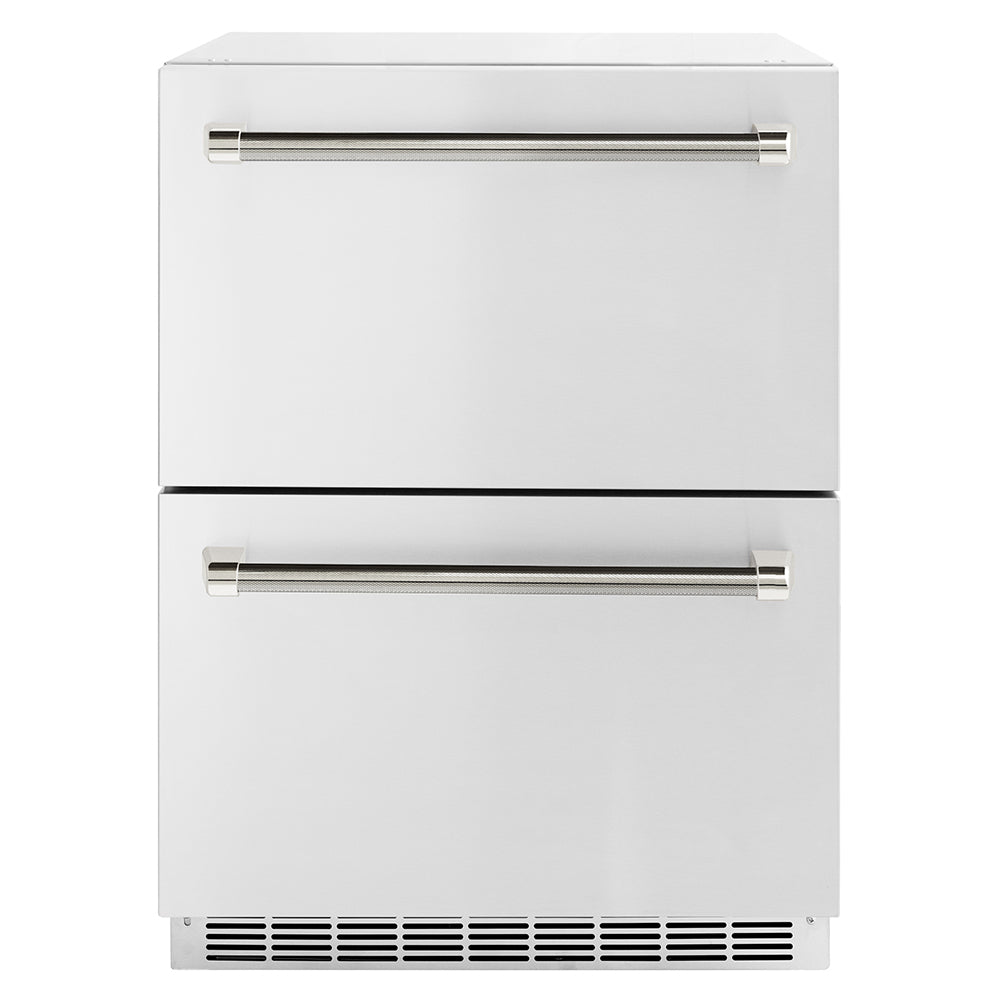 ZLINE 24 in. Outdoor Dual Refrigerator Drawer 168 Can Capacity Stainless Steel Doors Polished Nickel Helix Handles (RDSOZ-ST-24-KPN)