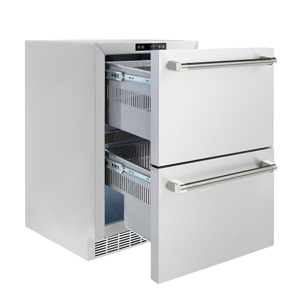 ZLINE 24 in. Outdoor Dual Refrigerator Drawer 168 Can Capacity Stainless Steel Doors Polished Nickel Helix Handles (RDSOZ-ST-24-KPN)