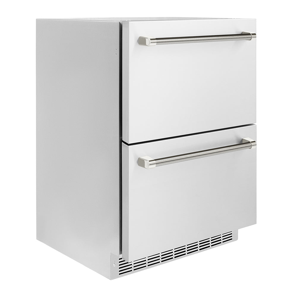 ZLINE 24 in. Outdoor Dual Refrigerator Drawer 168 Can Capacity Stainless Steel Doors Polished Nickel Helix Handles (RDSOZ-ST-24-KPN)