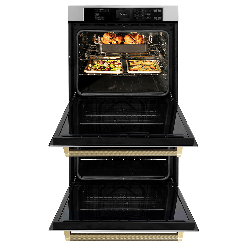 ZLINE Autograph 30" Professional True Convection Double Wall Oven with Air Fry and Self Clean in Stainless Steel with Champagne Bronze Helix Handles, WADZ-30-KCB