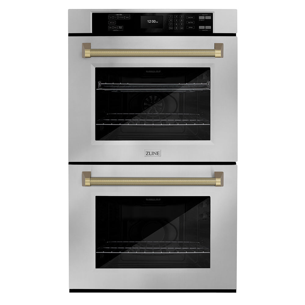 ZLINE Autograph 30" Professional True Convection Double Wall Oven with Air Fry and Self Clean in Stainless Steel with Champagne Bronze Helix Handles, WADZ-30-KCB