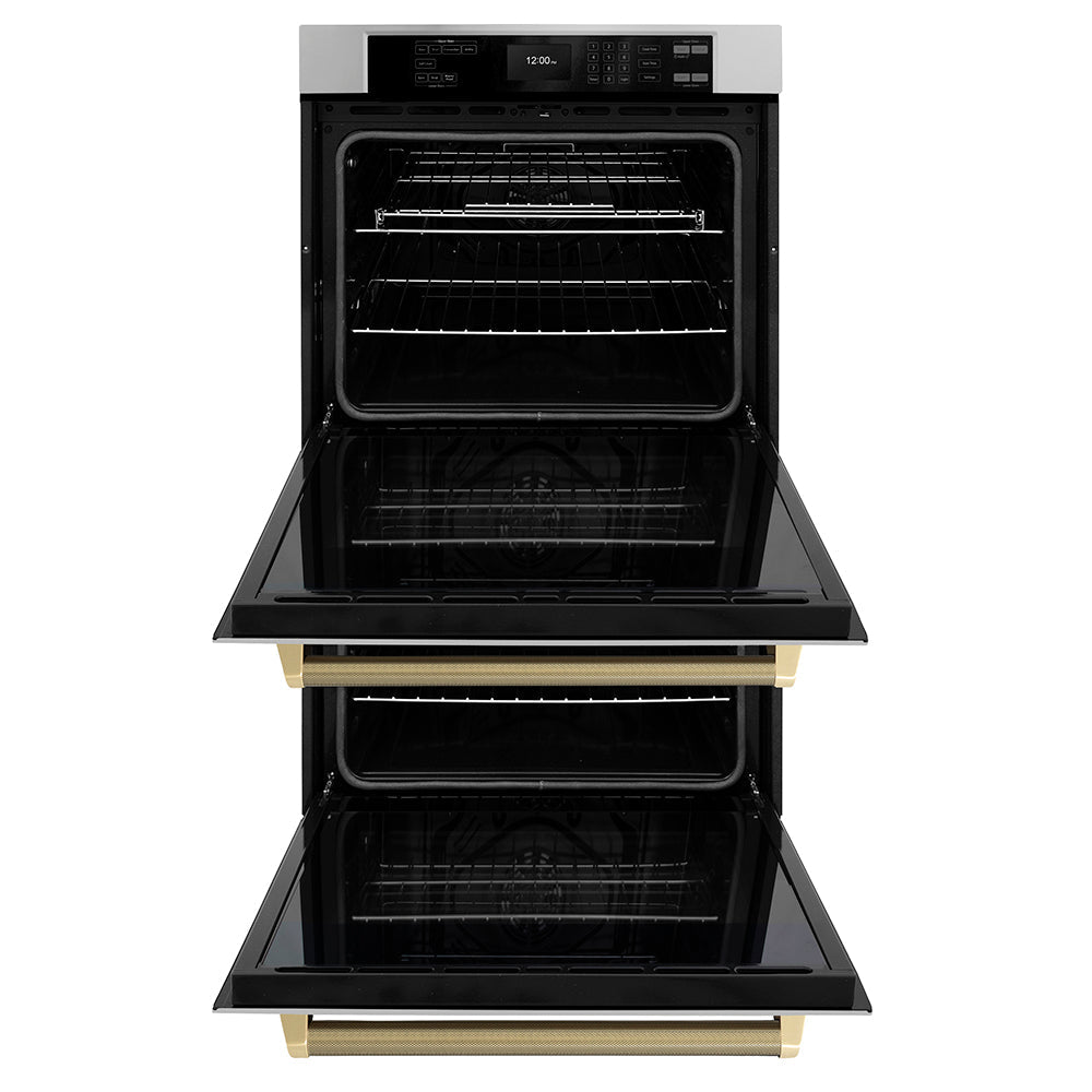 ZLINE Autograph 30" Professional True Convection Double Wall Oven with Air Fry and Self Clean in Stainless Steel with Champagne Bronze Helix Handles, WADZ-30-KCB