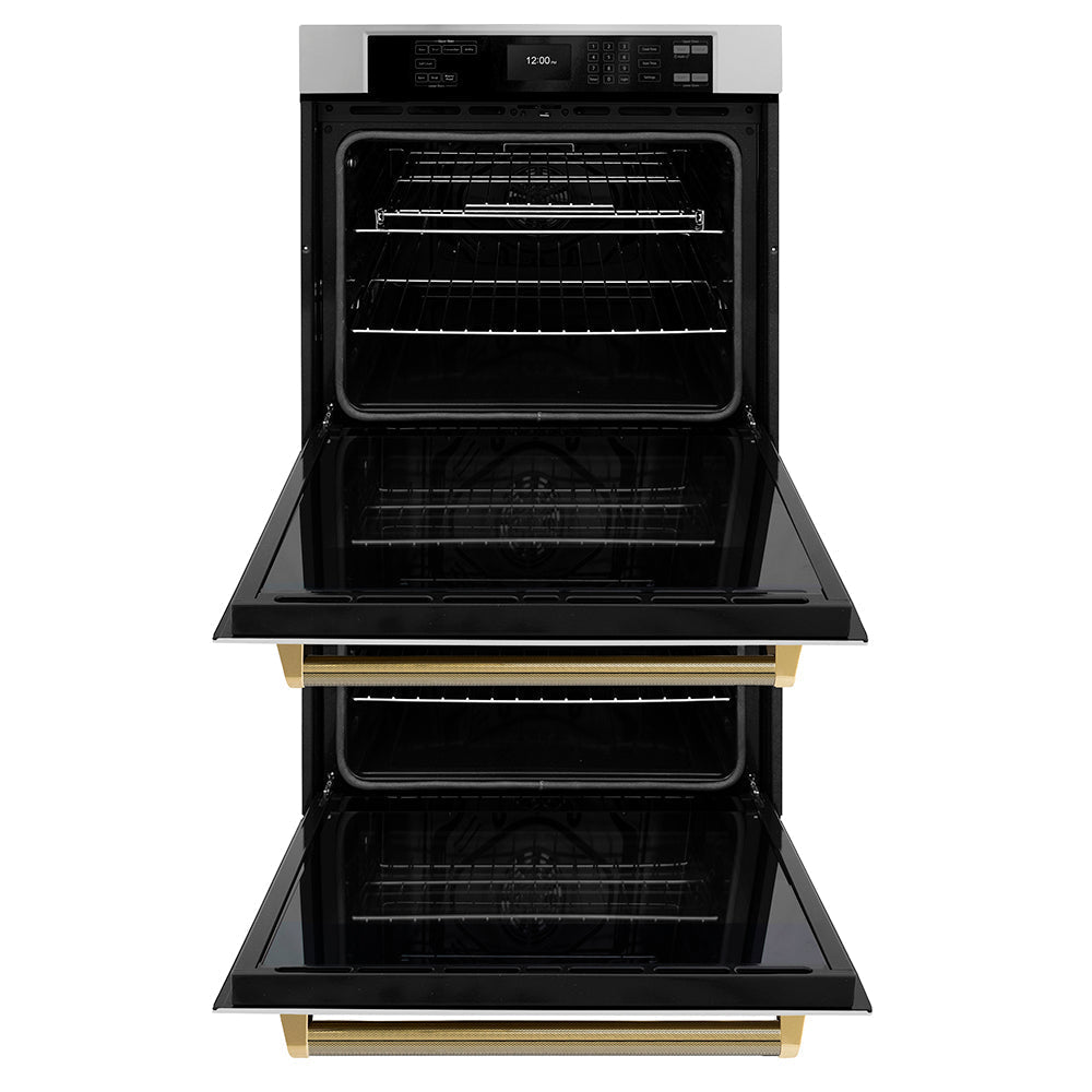 ZLINE Autograph 30" Professional True Convection Double Wall Oven with Air Fry and Self Clean in Stainless Steel with Polished Gold Helix Handles, WADZ-30-KG